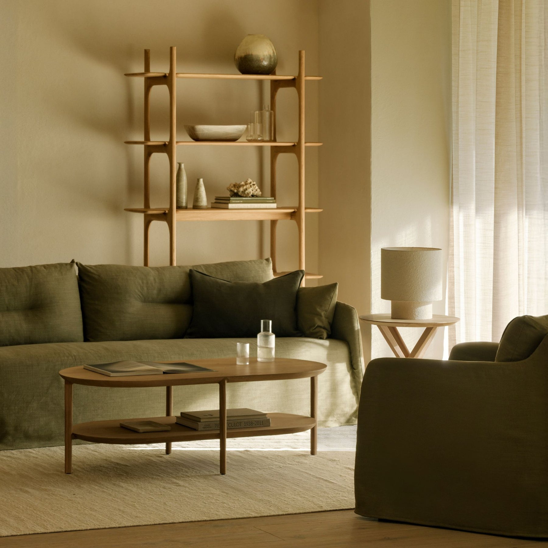 Ethnicraft Oak Bok Coffee Table in Living Room with Pi Shelves