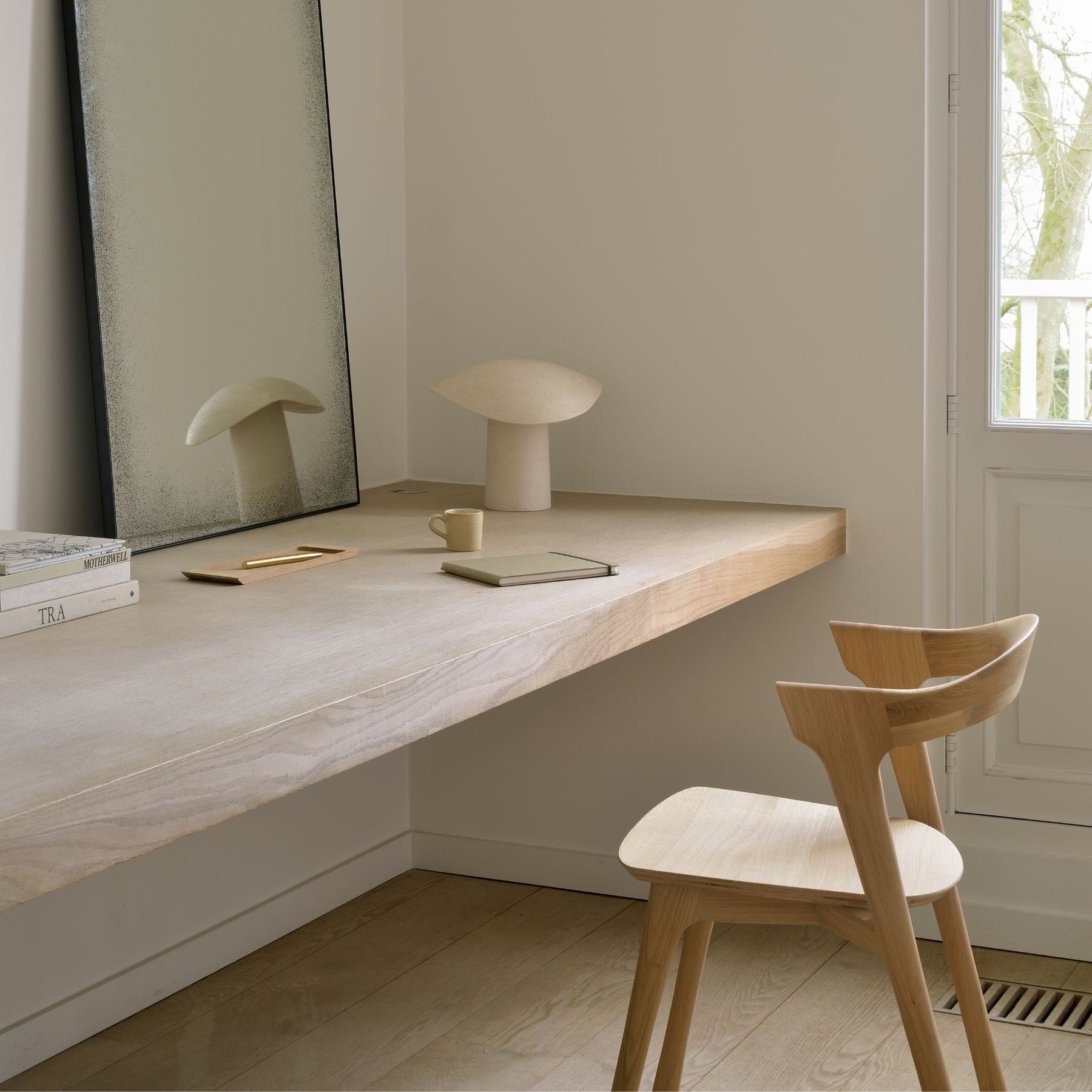 Ethnicraft Oak Bok Dining Chair at Vanity with Mirror