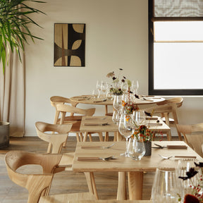 Ethnicraft Oak Bok Dining Chairs and Torsion Tables in Belgian Cafe