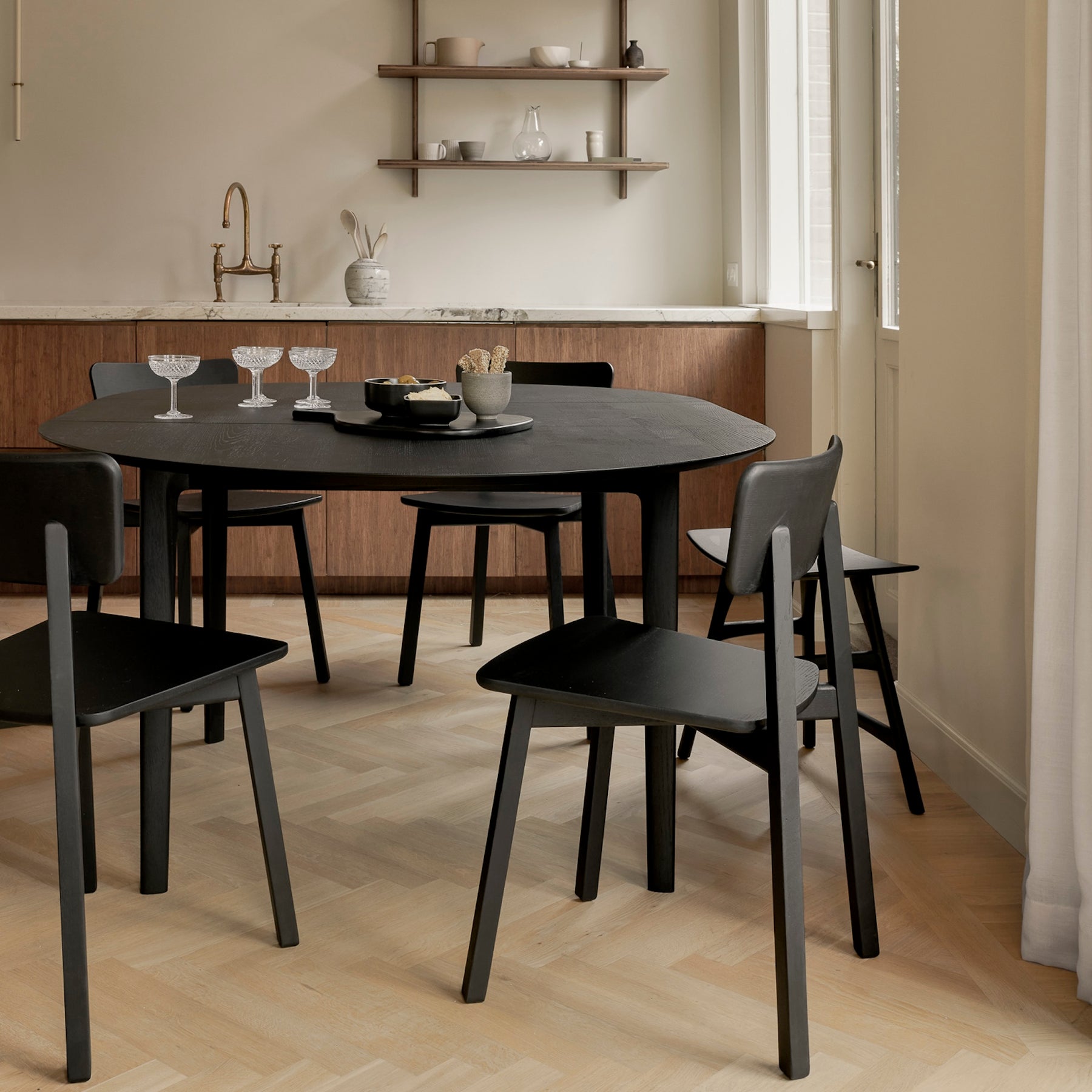 Ethnicraft Black Oak Bok Round Extendable Dining Table 51528 in Kitchen Extended into oval