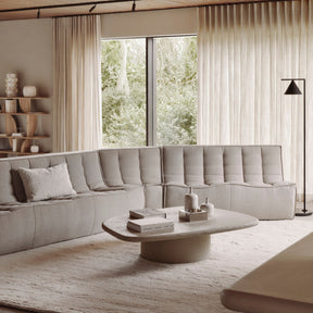Ethnicraft Oak Geometric Rack behind N701 Sofa in Living Room