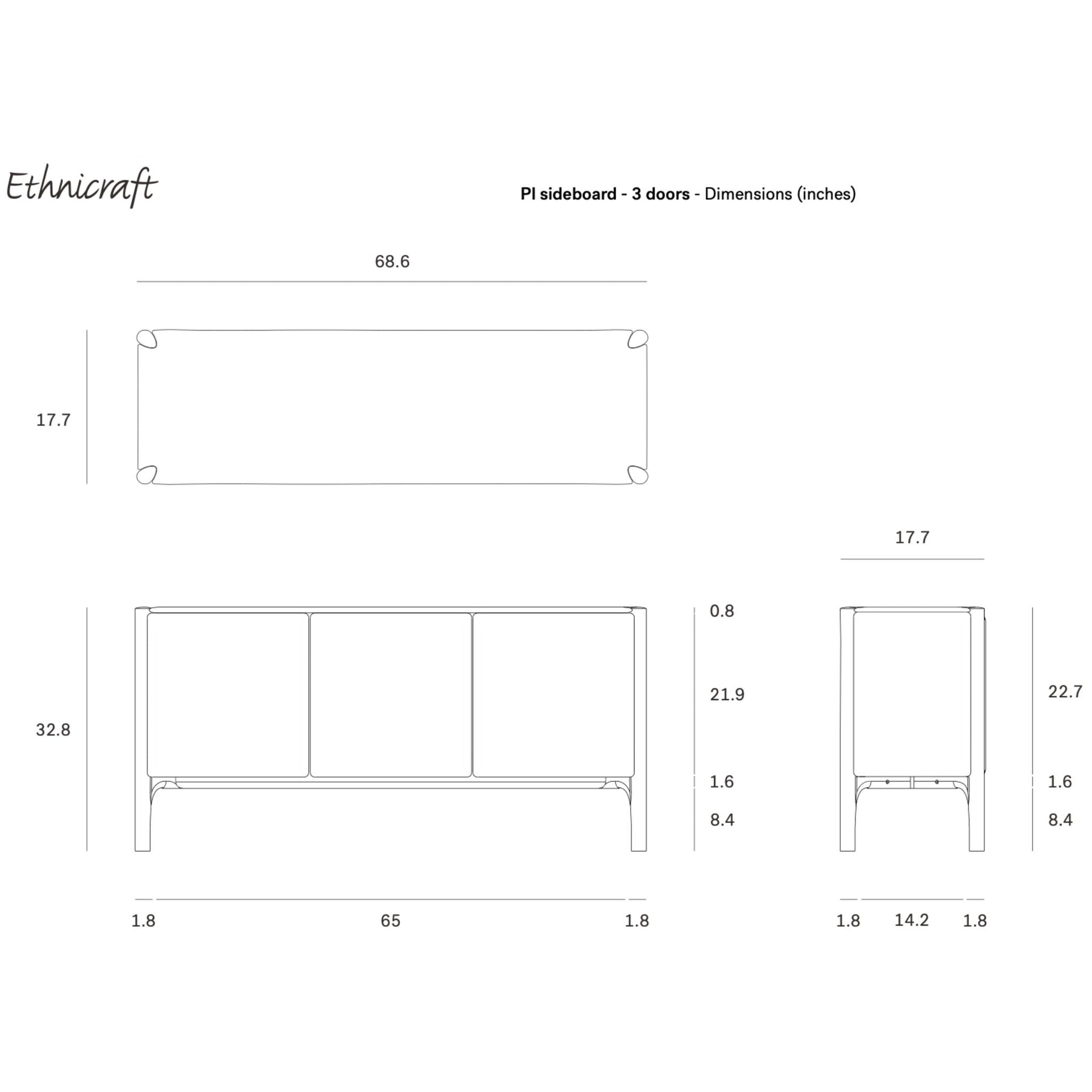 Ethnicraft Pi Sideboard 3-Door 51318 Line Drawing Dimensions