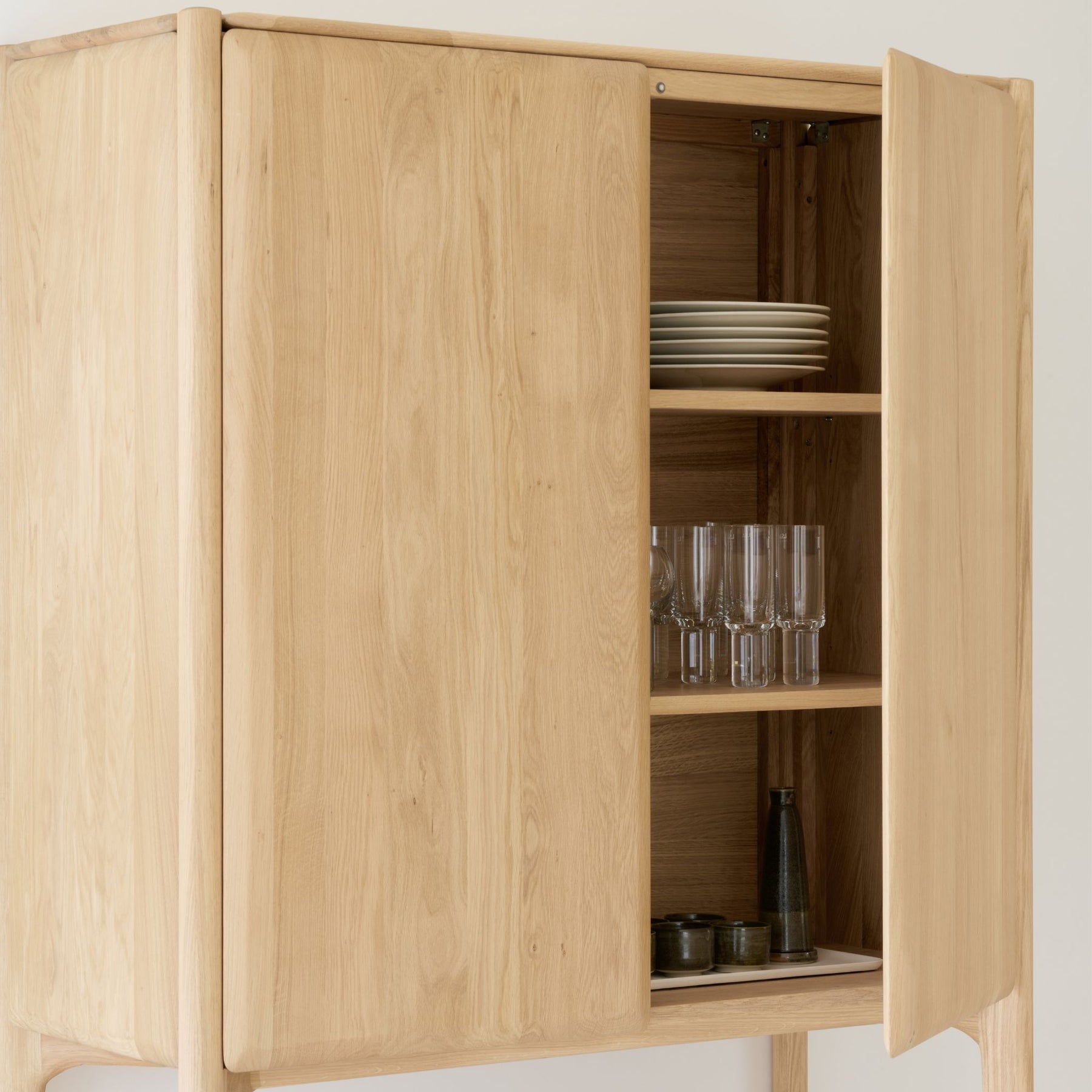 Ethnciraft Pi Storage Cupboard 51346 Open with Dishes on Shelves
