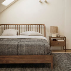 Ethnicraft Spindle Bed Reclaimed Teak in Bedroom with Spindle Side Table in Reclaimed Teak