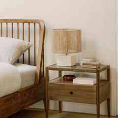 Ethnicraft Spindle Bedside Table Reclaimed Teak in Room with matching Spindle Bed in Reclaimed Teak