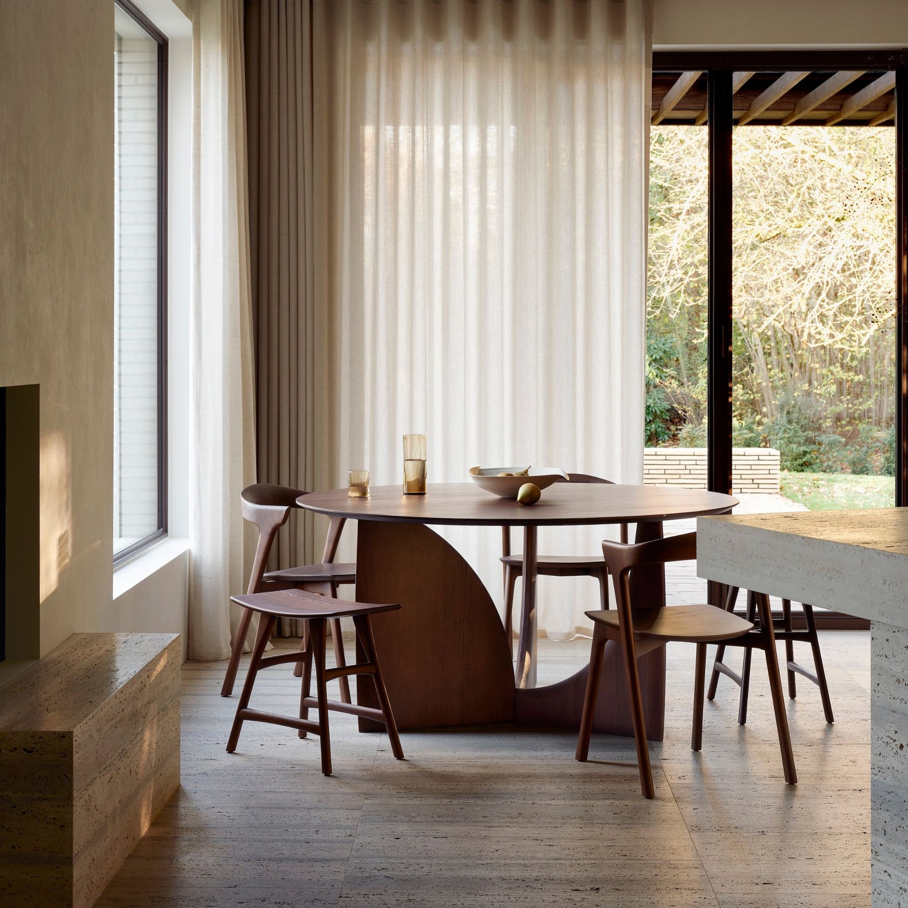 Ethnicraft Dark Brown Teak Bok Dining Chairs With Geometric Table and Osso Stools