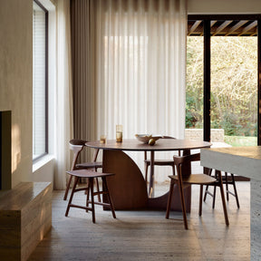 Ethnicraft Dark Brown Teak Bok Dining Chairs With Geometric Table and Osso Stools