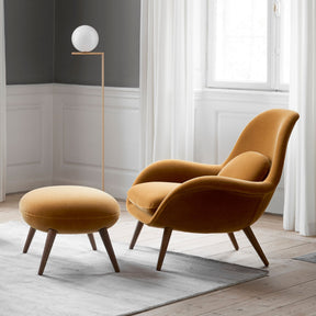 Fredericia Swoon Lounge Chair and Ottoman in Grand Mohair Velvet in Luxe Copenhagen Apartment