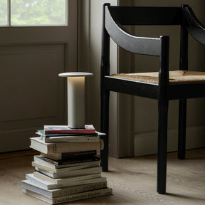 Fritz Hansen Carimate Chair by Vico Magistretti with Solae portable lamp and a stack of books