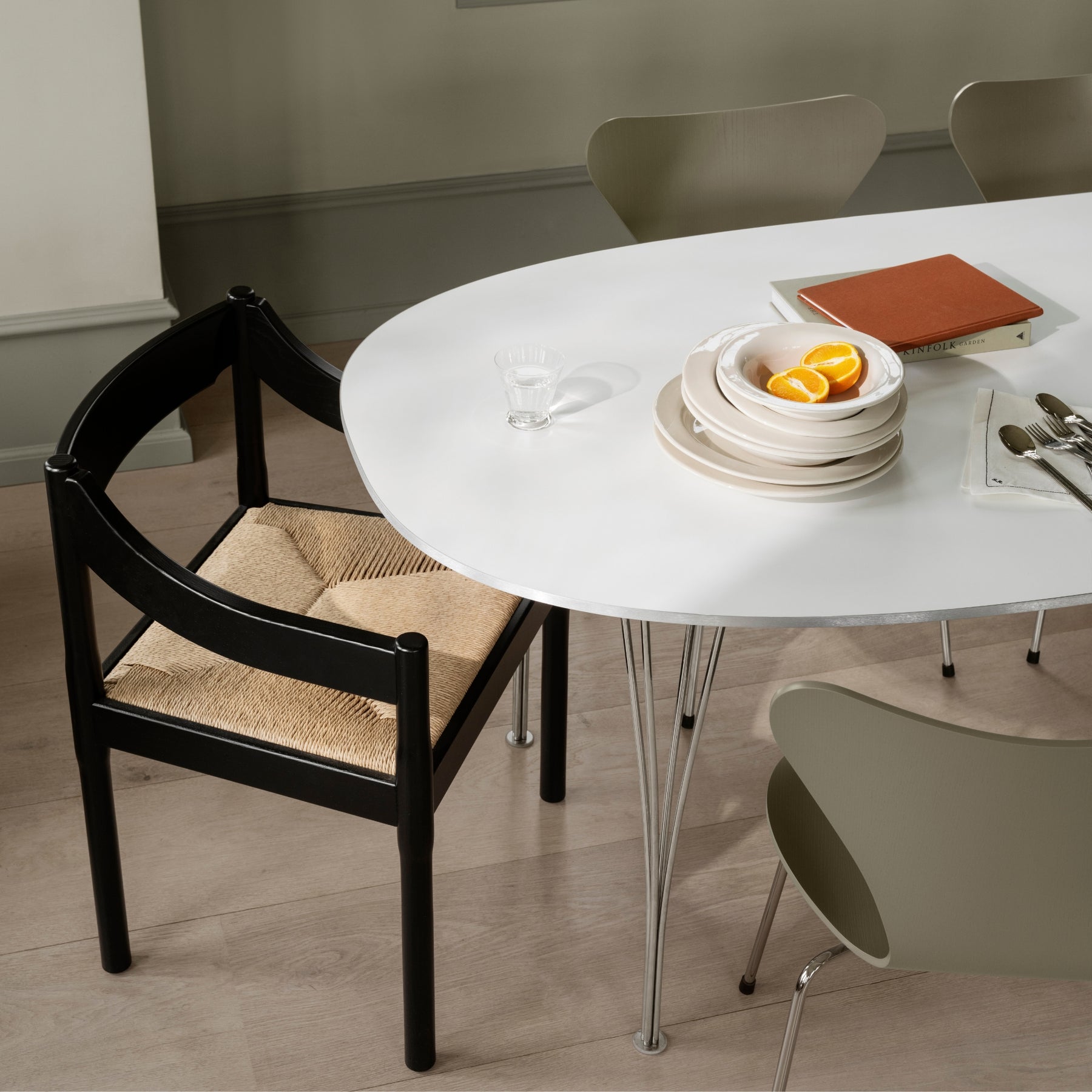 Fritz Hansen Carimate Chair by Vico Magistretti with Super Ellipse Table and Series 7 Chairs