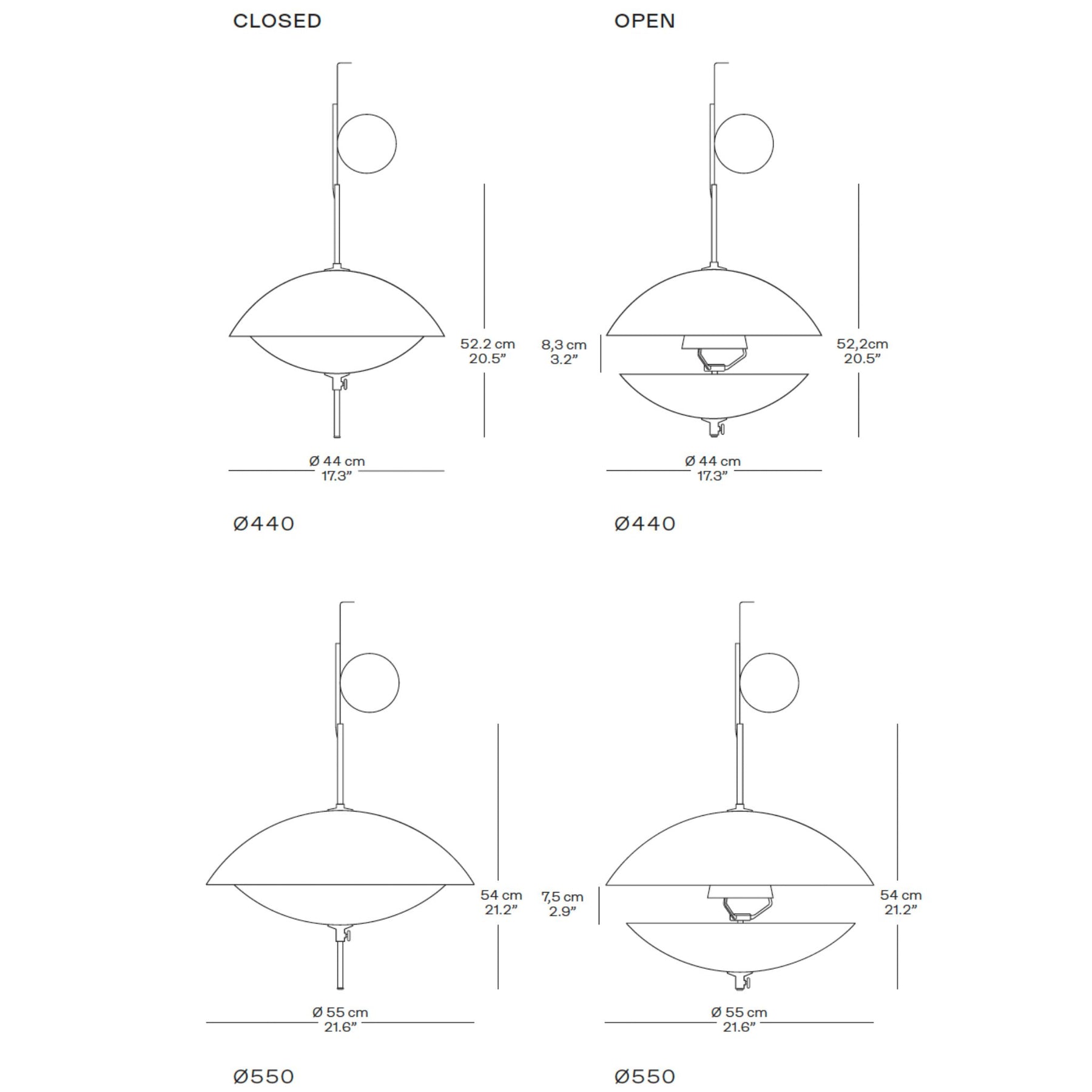 Fritz Hansen Clam Pendant Light Dimensions Line Drawing