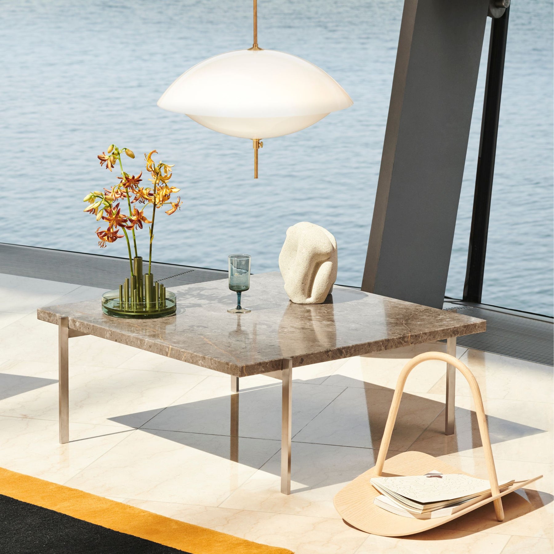 Fritz Hansen Clam Pendant over Poul Kjaerholm Coffee Table in Copenhagen Operal House