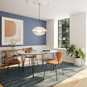 Fritz Hansen Clam Pendant in Sunny Copenhagen Apartment with Super Ellipse Table and Leather Series 7 Chairs