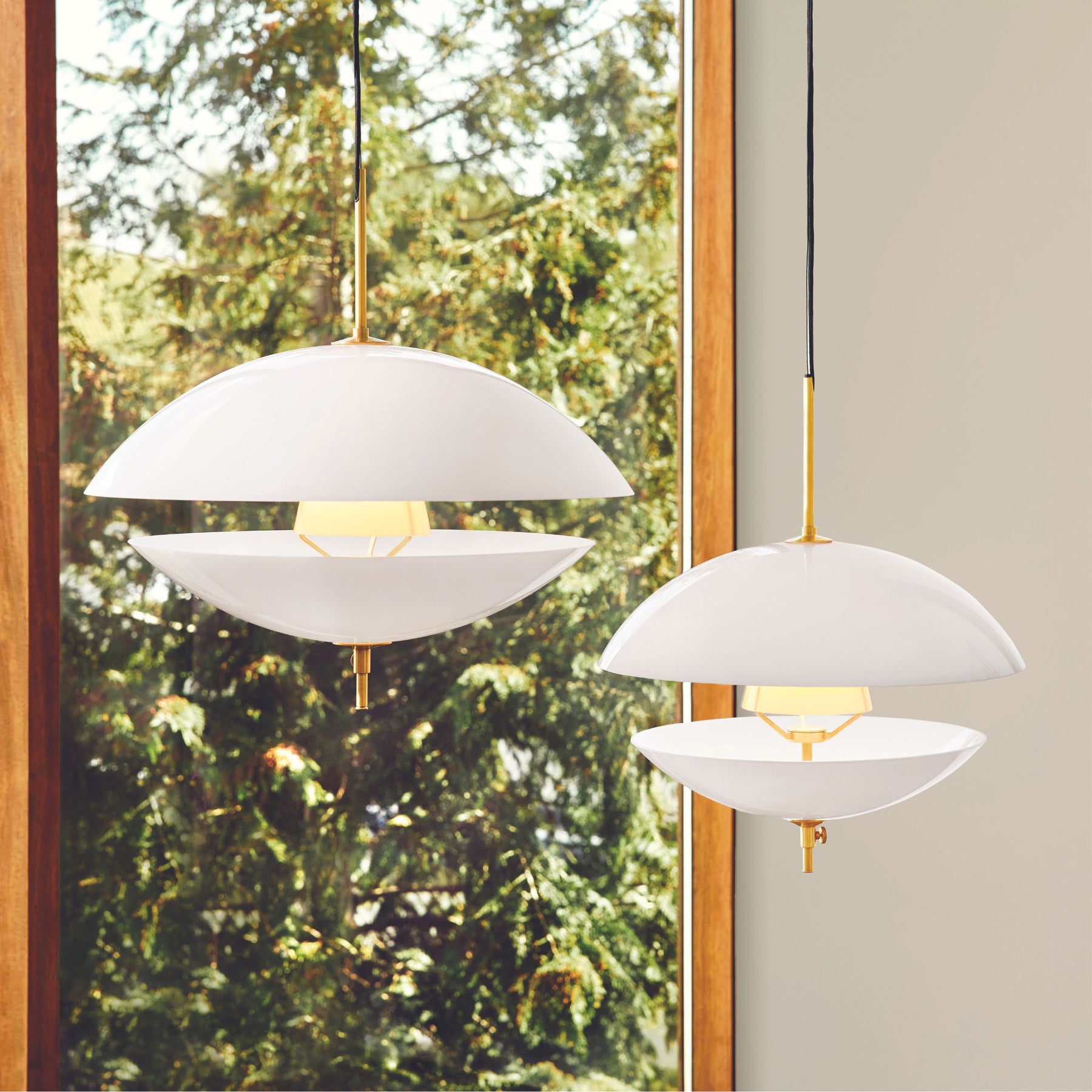 Fritz Hansen Clam Pendants Opal Glass and Brass Open by Window