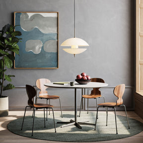 Fritz Hansen Clam Pendant in Breakfast Nook with Round  AJ Table Series and Walnut Ant Chairs
