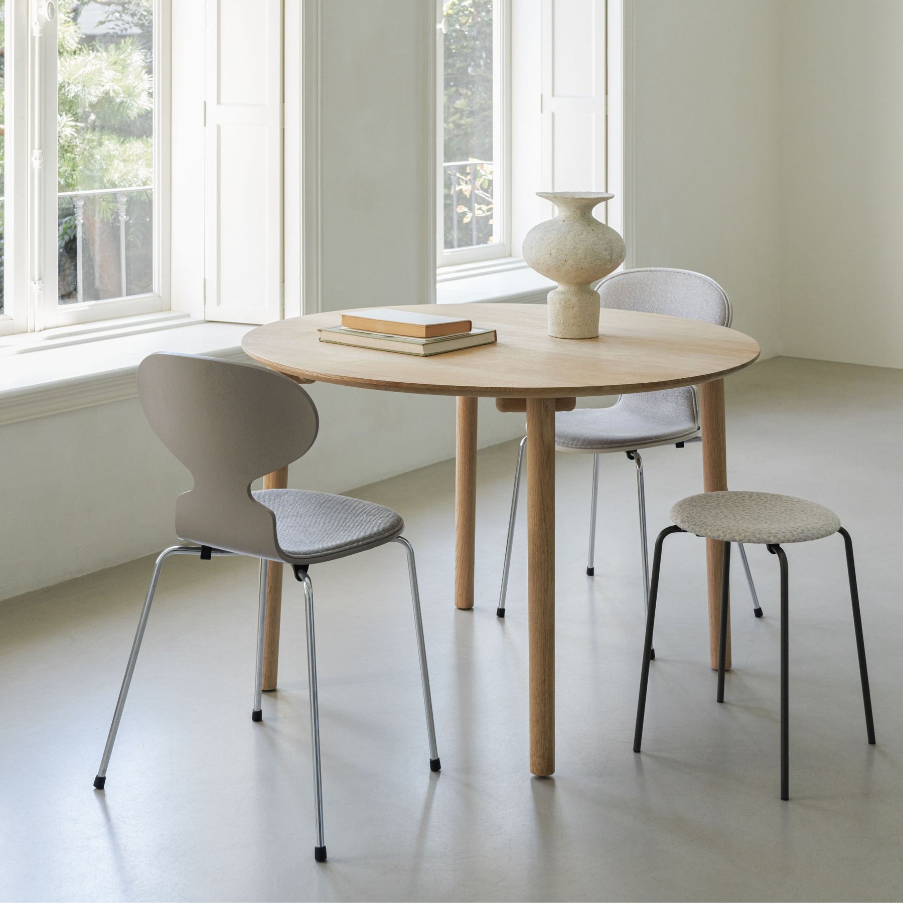 Fritz Hansen Hven Dining Table Round with Ant Chairs and Dot Stool