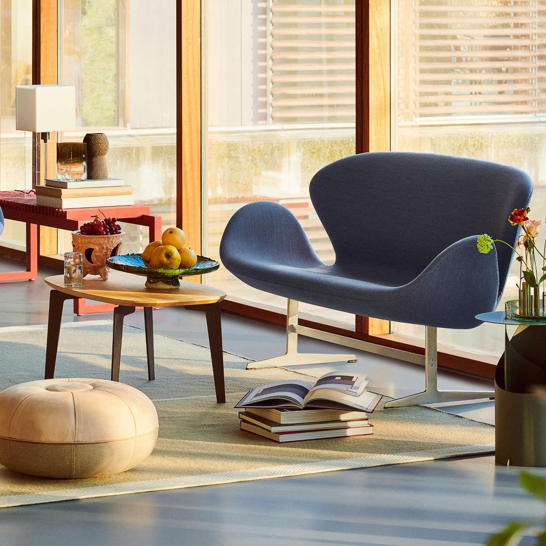 Fritz Hansen Join Coffee Table Small Oval Oak Clear Lacquer in room with Swan Sofa and Cecilie Manz Pouf