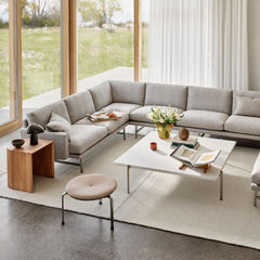Fritz Hansen Taburet Side Table Cherry by Cecilie Manz in Living Room with Lissoni Sofa and Poul Kjaerholm Stool and Coffee Table