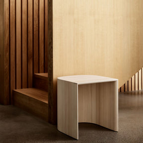 Fritz Hansen Taburet Side Table Pine by Cecilie Manz in Hallway with Stairs