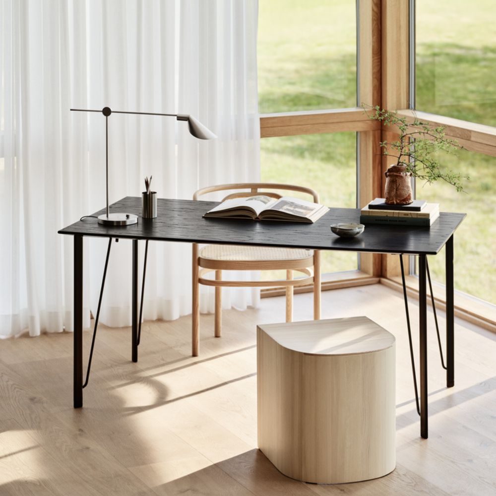Fritz Hansen Taburet Side Table Pine by Cecilie Manz in Home office with Arne Jacobsen Desk