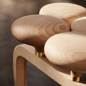 Fritz Hansen Utzon Stool Hand Turned Beech and Brass Detail Side