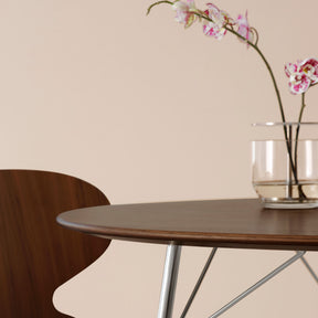 Fritz Hansen Egg Table  by Arne Jacobsen in Kitchen with Ant Chair and Ikebana Vase Edge Detail