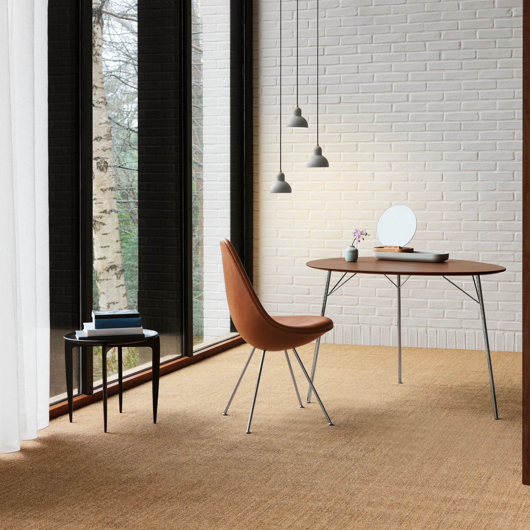 Fritz Hansen Egg Table  by Arne Jacobsen in Home Office with leather Drop Chair 