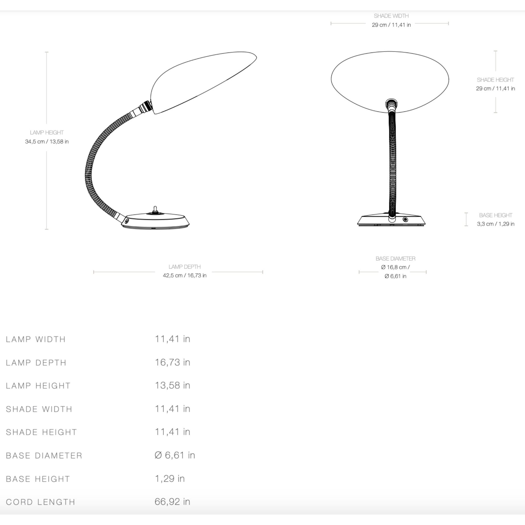 Gubi Cobra table Lamp Dimensions Line Drawing