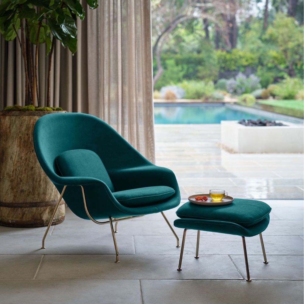 Knoll Saarinen Womb Chair Teal Ultrasuede with Gold Frame