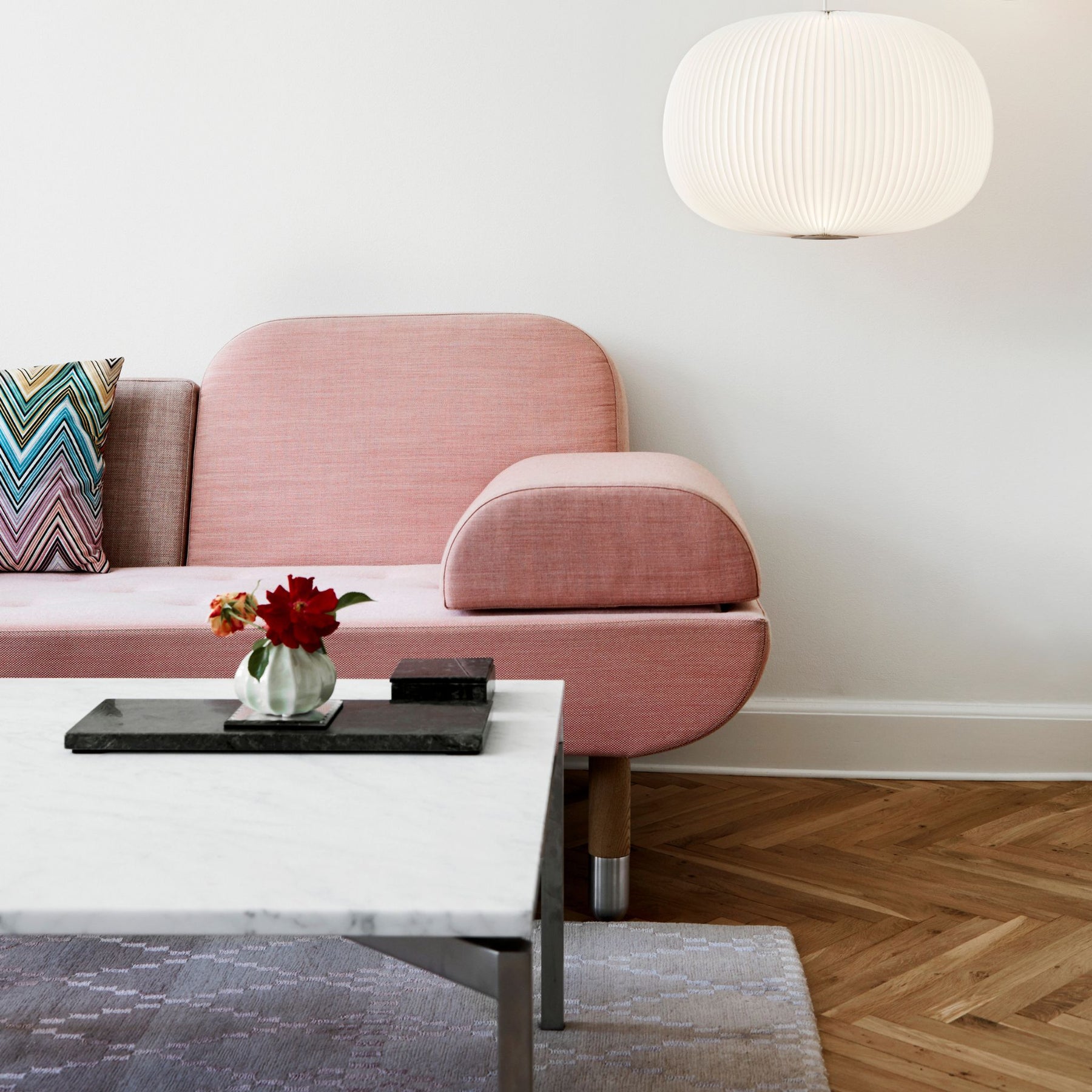 Le Klint Lamella Pendant 1 in Danish Living Room with Pink Wool Sofa, Marble Coffee Table, Herringbone Floors