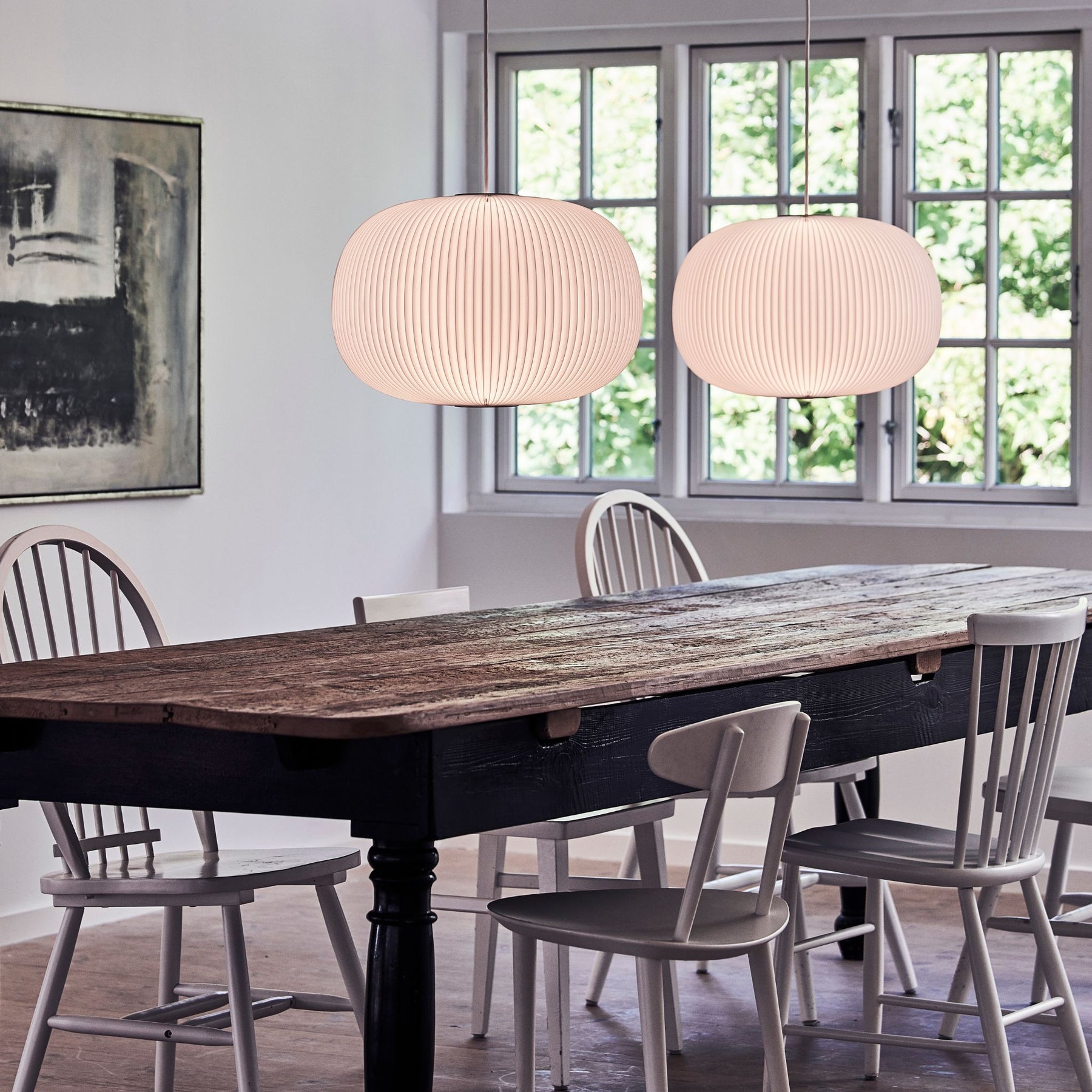 Le Klint Lamella Pendants in Danish Summer House with Rustic Farm Table and Windsor Chairs