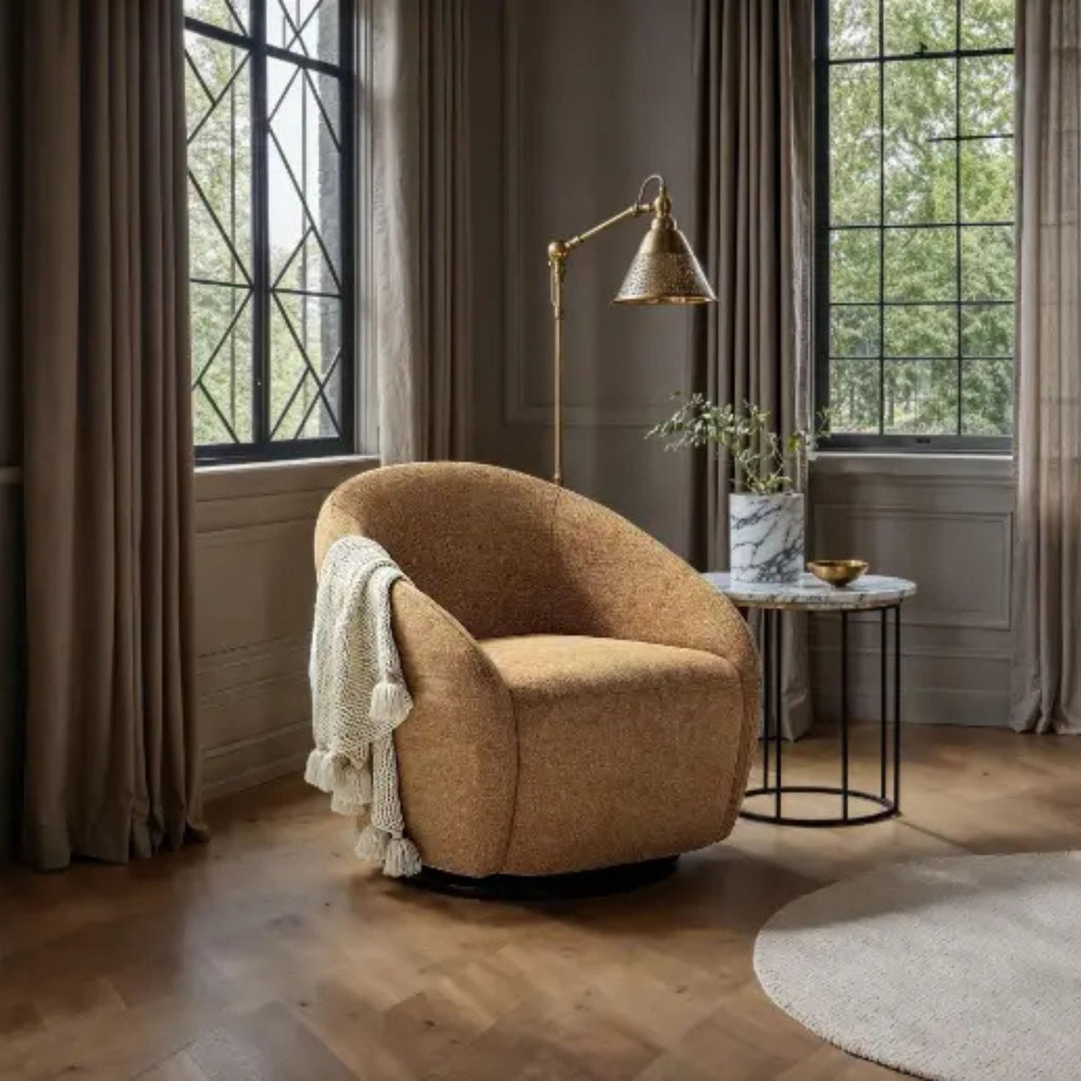 Luonto Regalia Swivel Chair in Living Room with Brass Lamp and Marble Side Table