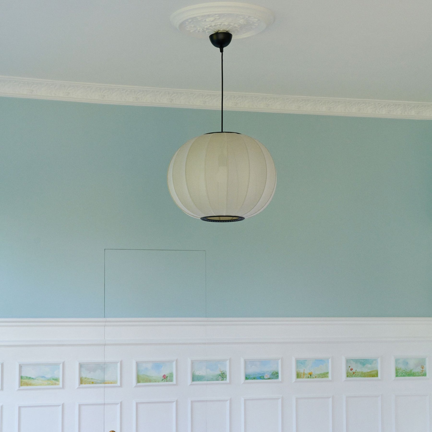 Made by Hand Knit Wit Pendant Pearl in Room with Robins Egg Blue Walls and Hand Painted Mini Murals