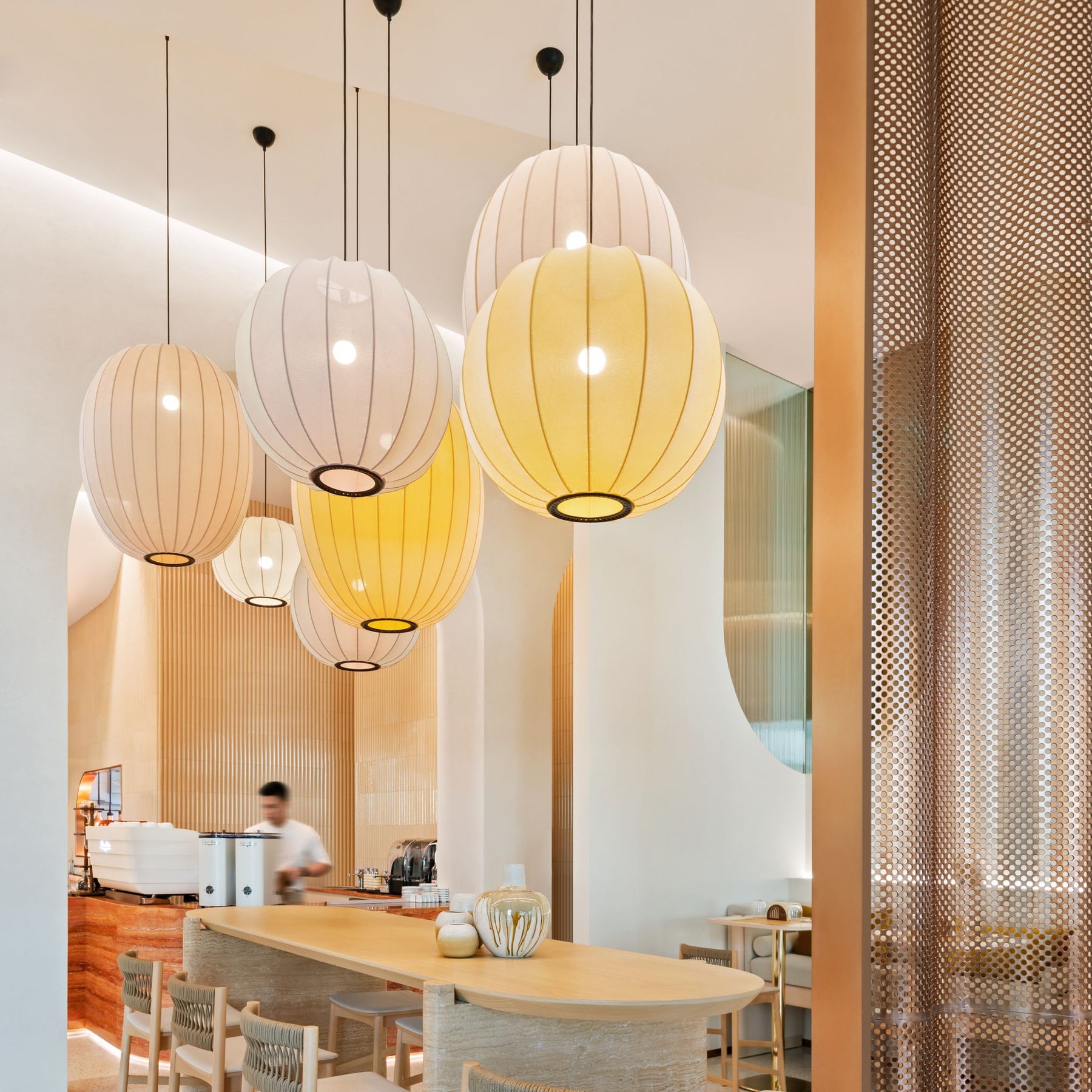 Knit Wit Pendant Lights in situ with barista at Templum Cafe Copenhagen