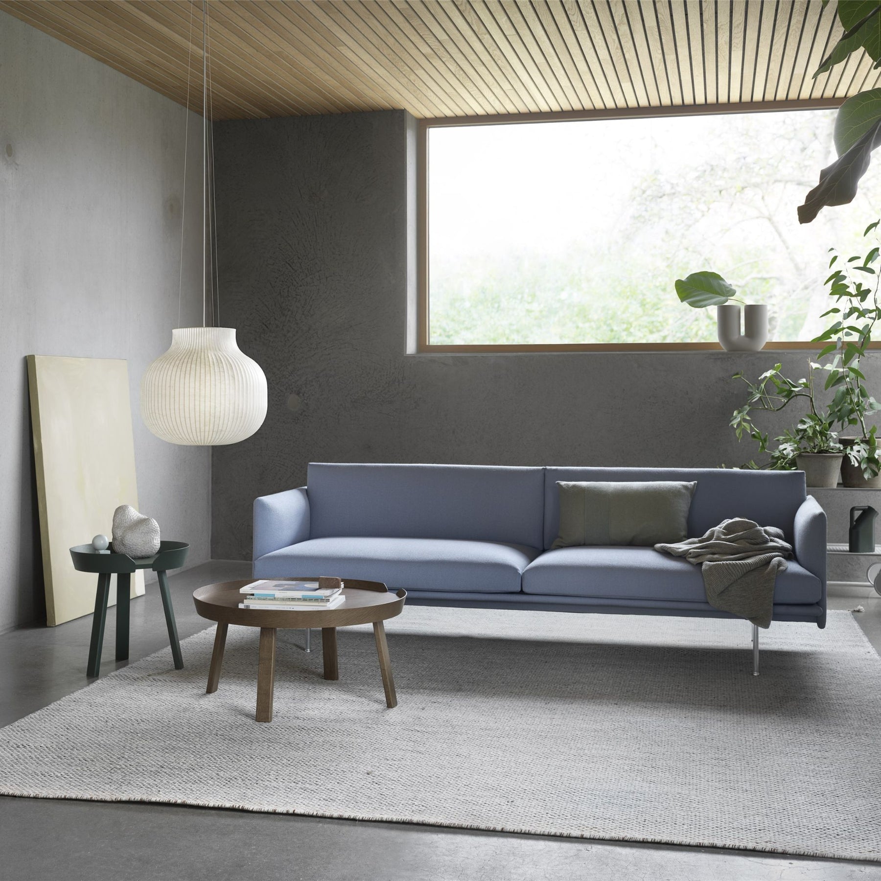 Muuto Around Coffee Tables in Living Room with Outline Sofa and Strand Pendant Light
