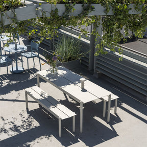 Muuto Linear Steel Benches and Dining Table on Rooftop Deck in Copenhagen