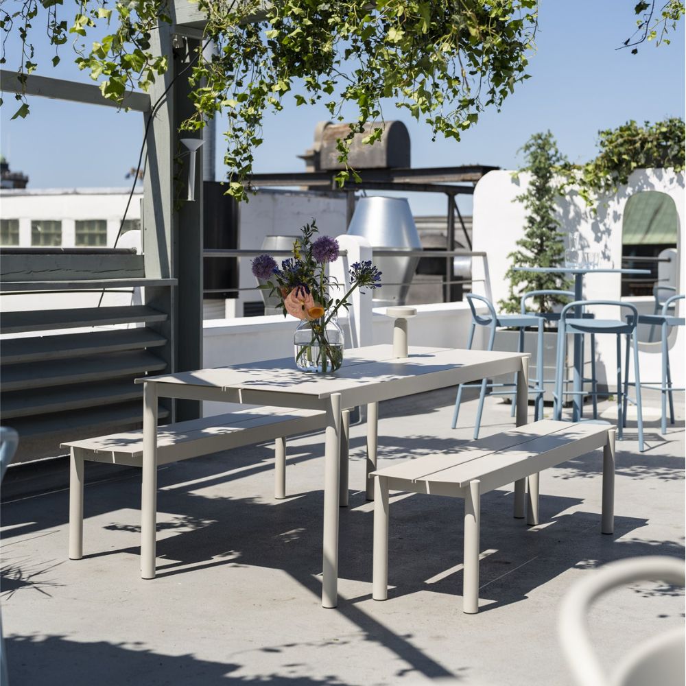 Muuto Linear Steel Dining Table and Benches on Rooftop deck in Copenhagen