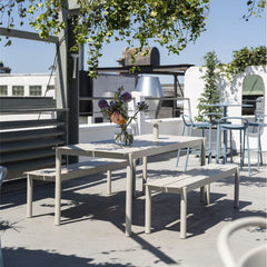 Muuto Linear Steel Benches and Dining Table on Rooftop Deck in Copenhagen Closeup