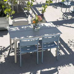 Muuto Linear Steel Side Chairs and Dining Table Pale Blue and Grey on Rooftop Deck in Copenhagen Aerial View