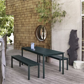 Muuto Linear Dining Table and Benches Dark Green Outdoors Danish Summer House