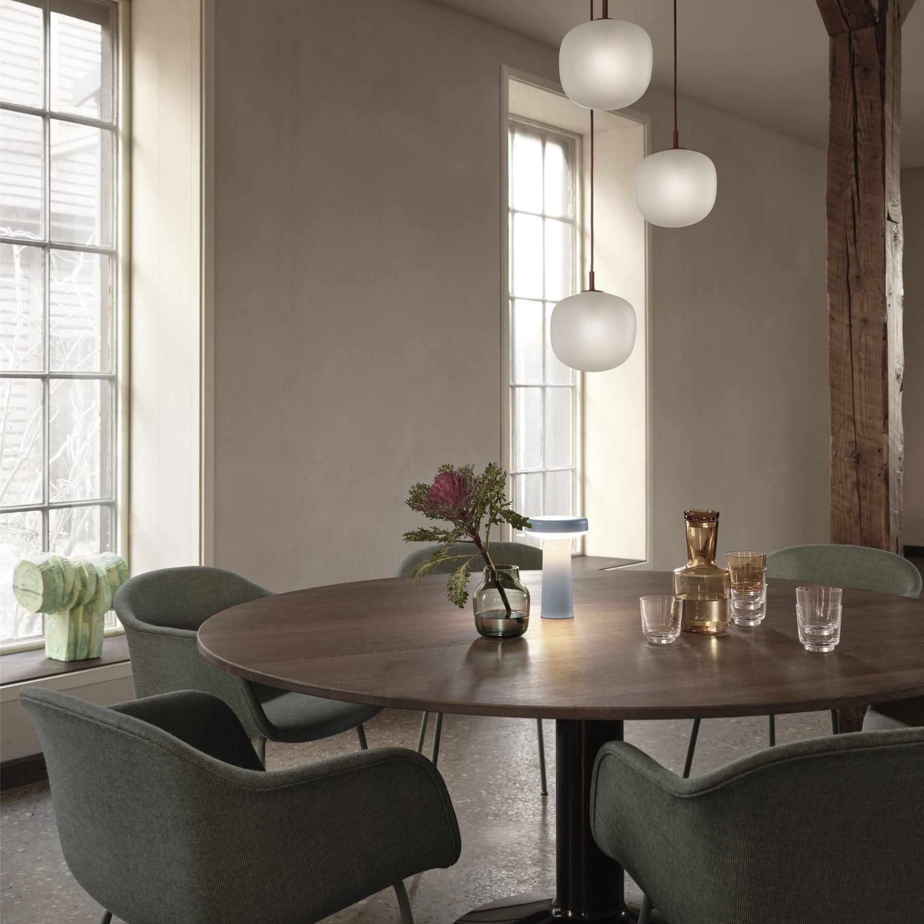 Muuto Rime Pendant Lights over Midst Dining Table with Fiber Soft Armchairs