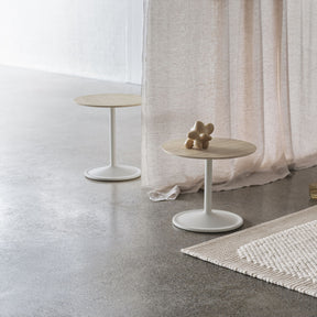 Muuto Soft Side Tables Oak Top Off White Base in Studio with Rose Sheer