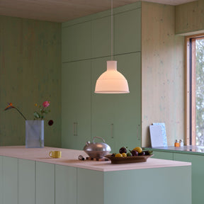 Muuto Unfold Pendant Light over Counter in Copenhagen Kitchen with Ridge Vase
