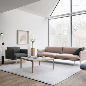 Muuto Workshop Table in Living Room with Outline Sofa and Chair, Post Floor Lamp, and Ply Rug