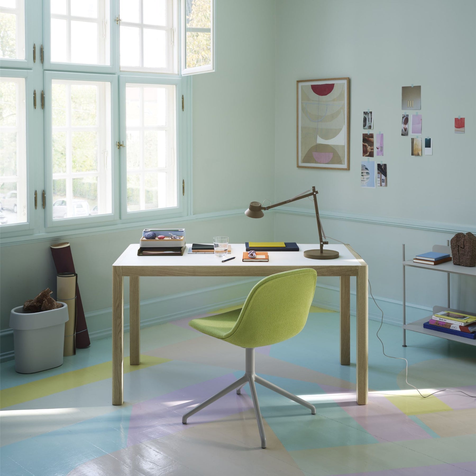 Muuto Workshop Table Desk Warm Grey Linoleum Oak in cheerful Home Office