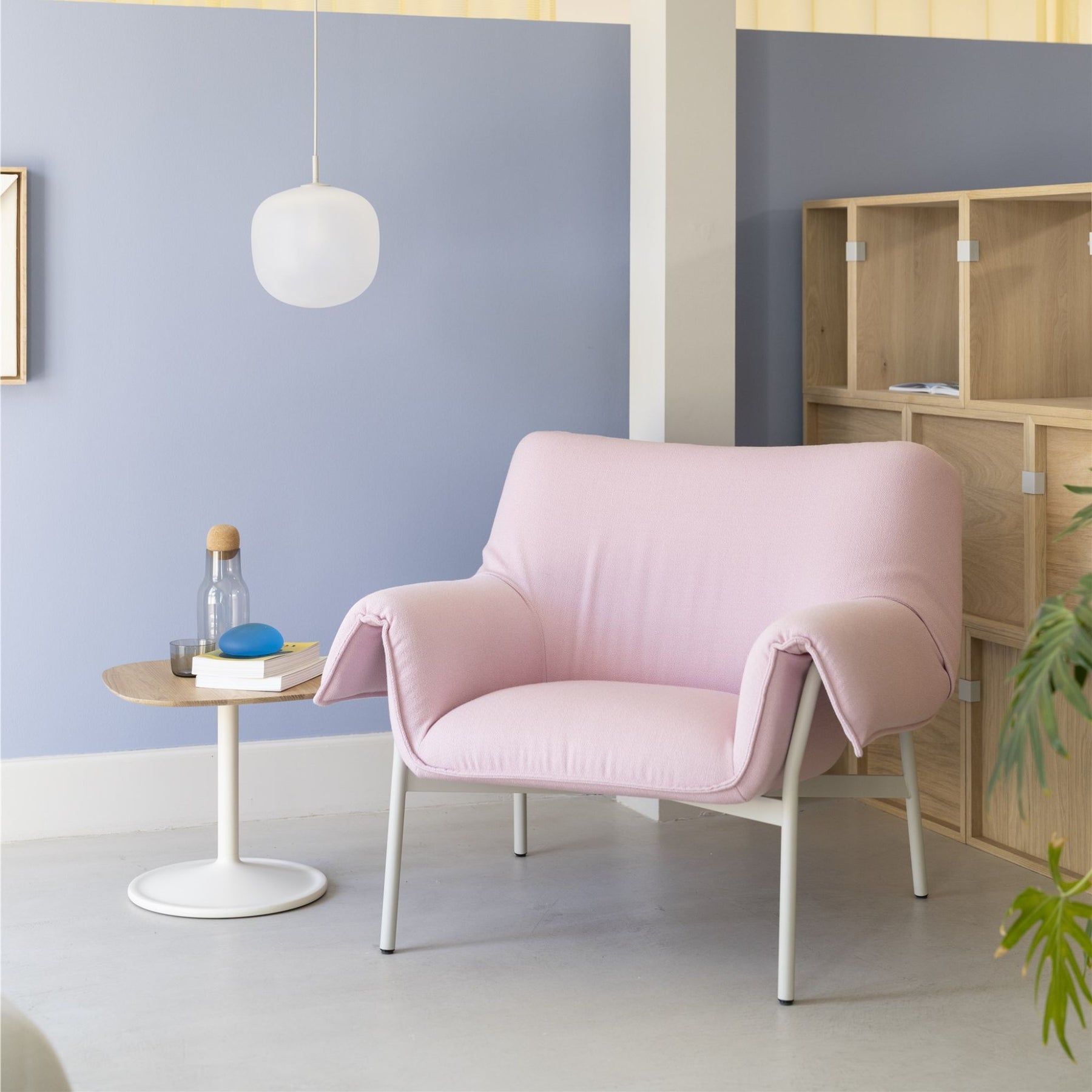 Muuto Wrap Lounge Chair Pink in Copenhagen Showroom with Rime Pendant Light