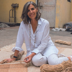 Nani Marquina with Tres Vegetal Rugs in the making