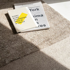 nanimarquina oblique rug obsidian by matthew hilton with books and sunlight