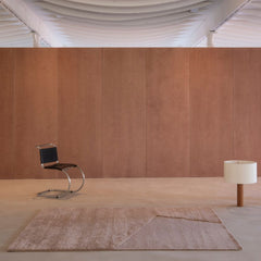 nanimarquina oblique rug pink quartz by matthew hilton with MR chair by Mies van der Rohe and Moragas Lamp