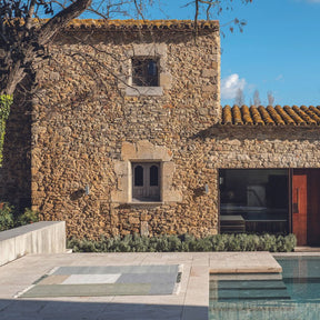 nanimarquina Tres Outdoor Rug Salvia by Pool with Stone Spanish Summer Home